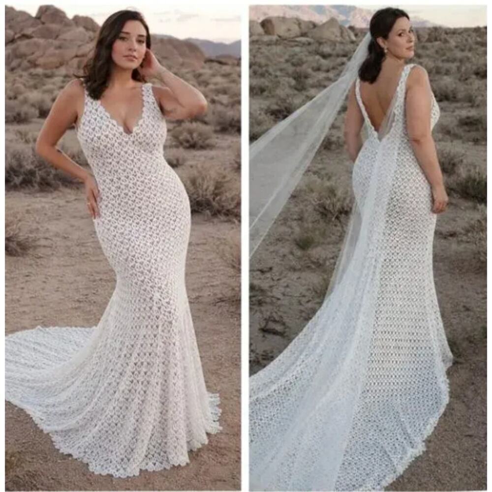 Daughters of Simone Nev Almond Crochet Lace Wedding Dress 4XL Anthro Boho Gown